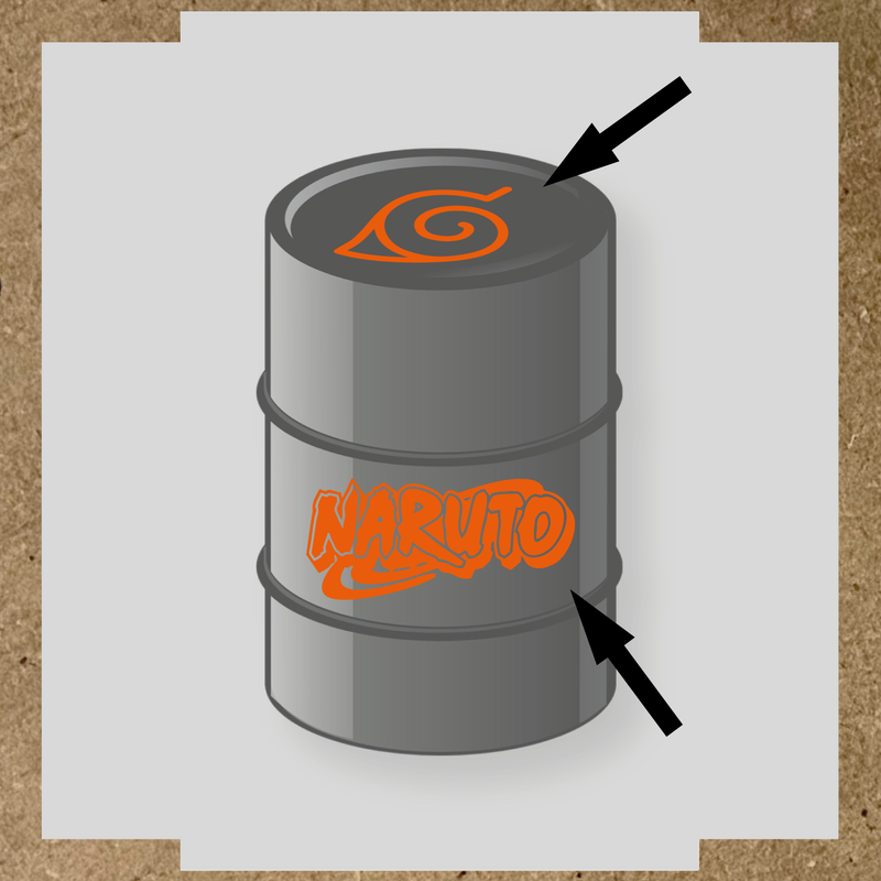 Kit de 2 stickers vinyle Naruto pour personnalisation de baril, design sur le dessus et côté. couleur:orange