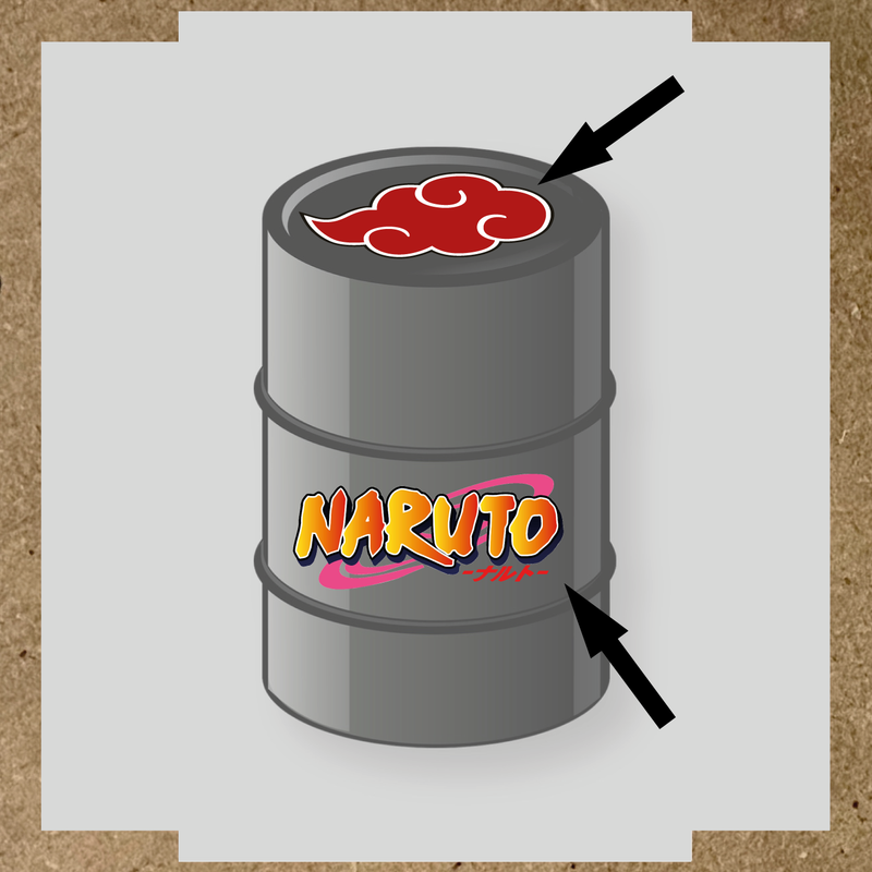 Kit de 2 stickers Naruto pour personnaliser un baril décoratif.