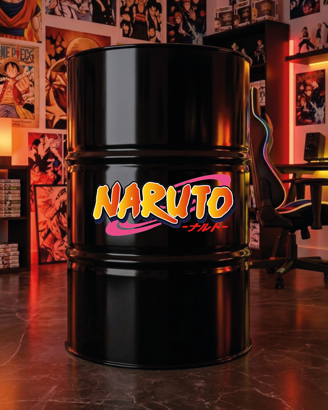 Mise en situation d’un baril décoratif avec kit de 2 stickers Kit de 2 stickers Naruto Nuage Akatsuki logo pour baril décoratif