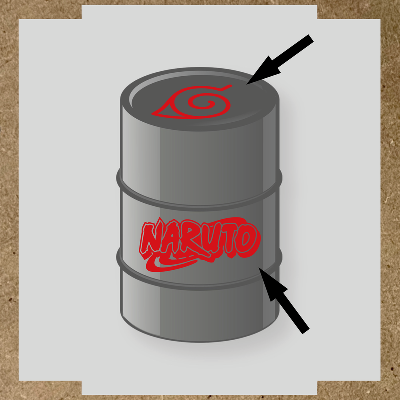 Kit de 2 stickers vinyle Naruto pour personnalisation de baril, design sur le dessus et côté. couleur:rouge