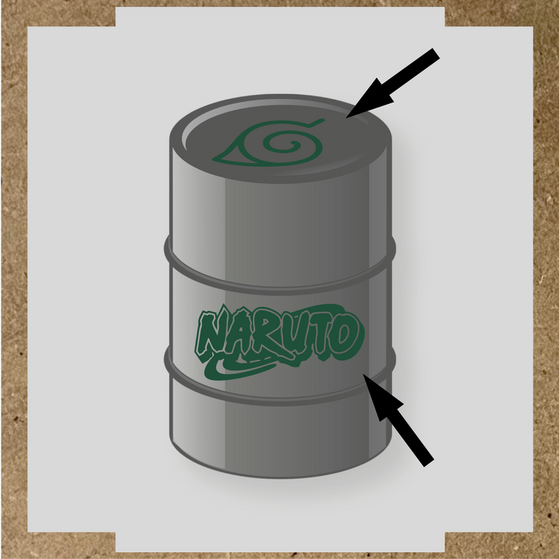 Kit de 2 stickers vinyle Naruto pour personnalisation de baril, design sur le dessus et côté. couleur:vert sapin