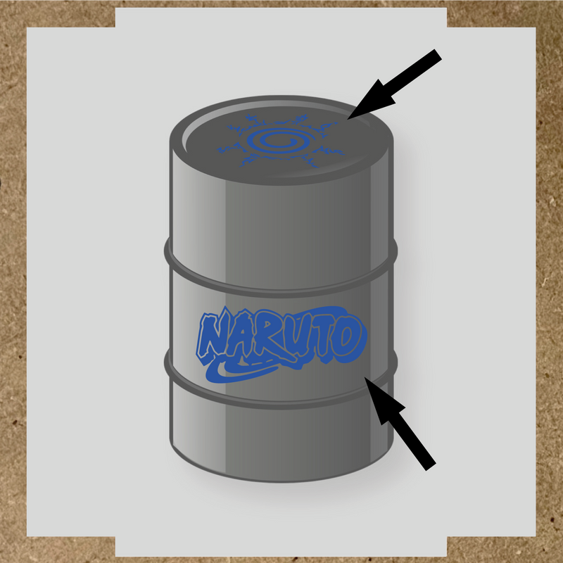 Kit de 2 stickers Naruto pour baril, représentant un logo et un symbole graphique sur un bidon noir. couleur:bleu acier
