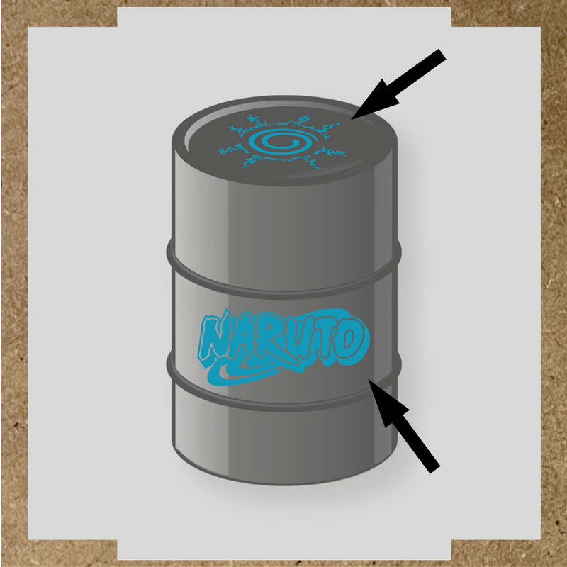 Kit de 2 stickers Naruto pour baril, représentant un logo et un symbole graphique sur un bidon noir. couleur:bleu azur