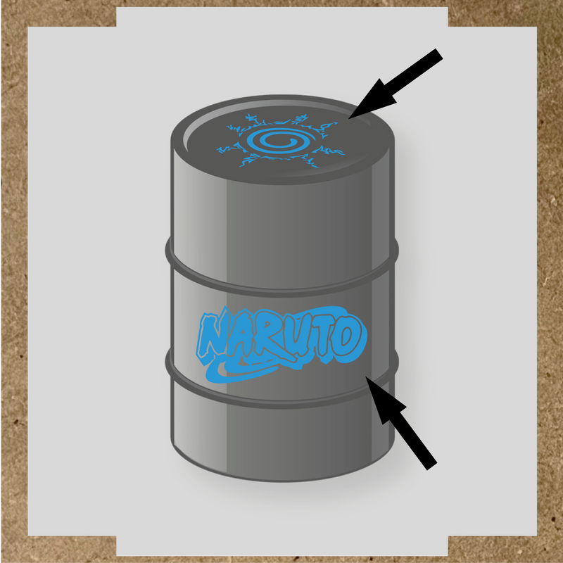 Kit de 2 stickers Naruto pour baril, représentant un logo et un symbole graphique sur un bidon noir. couleur:bleu ciel