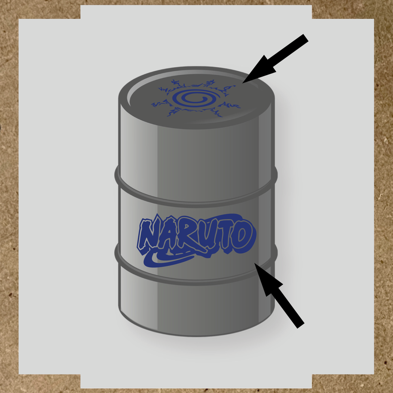 Kit de 2 stickers Naruto pour baril, représentant un logo et un symbole graphique sur un bidon noir. couleur:bleu indigo