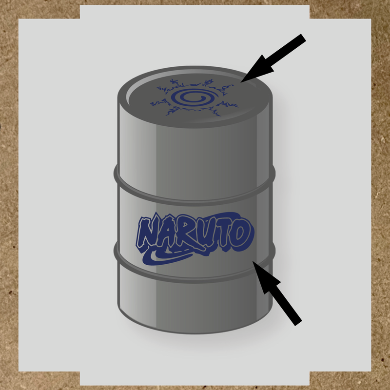 Kit de 2 stickers Naruto pour baril, représentant un logo et un symbole graphique sur un bidon noir. couleur:bleu nuit