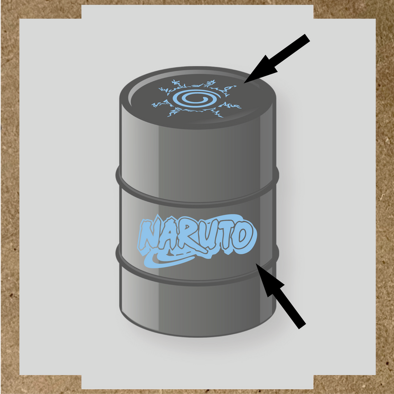 Kit de 2 stickers Naruto pour baril, représentant un logo et un symbole graphique sur un bidon noir. couleur:bleu pastel