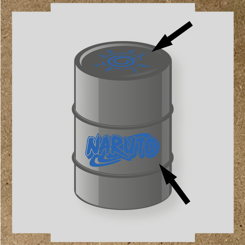 Kit de 2 stickers Naruto pour baril, représentant un logo et un symbole graphique sur un bidon noir. couleur:bleu pétrole