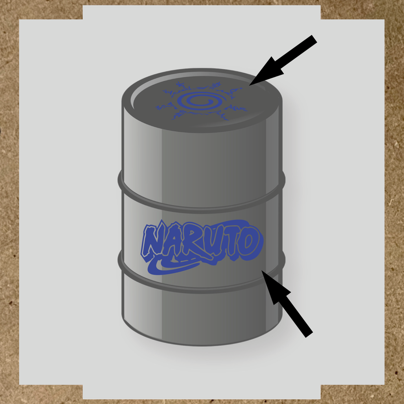 Kit de 2 stickers Naruto pour baril, représentant un logo et un symbole graphique sur un bidon noir. couleur:bleu roi