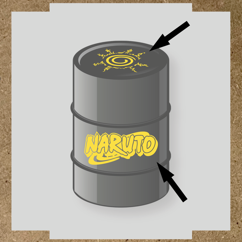 Kit de 2 stickers Naruto pour baril, représentant un logo et un symbole graphique sur un bidon noir. couleur:jaune clair
