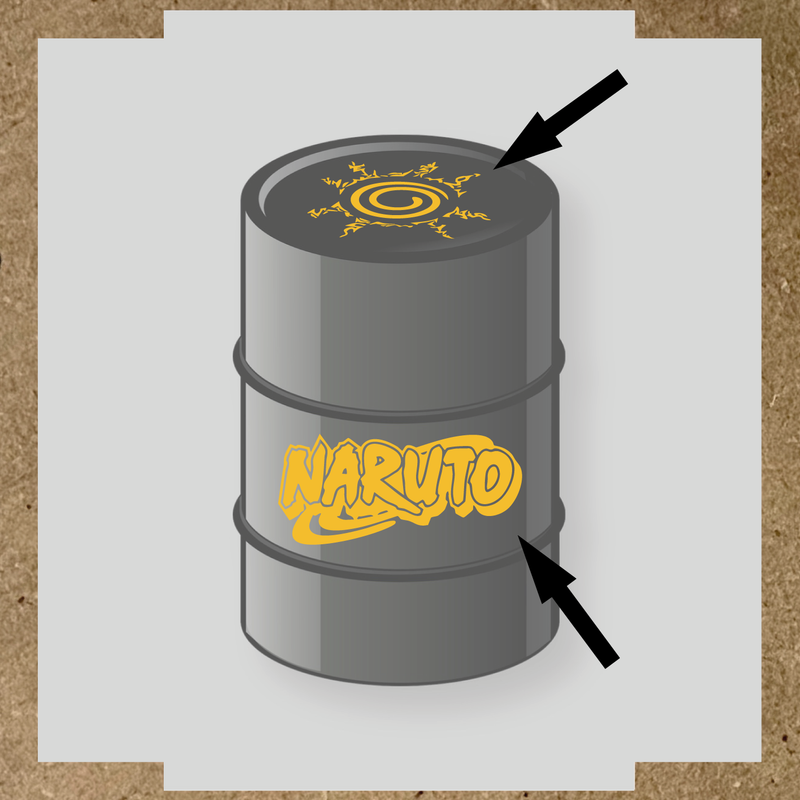 Kit de 2 stickers Naruto pour baril, représentant un logo et un symbole graphique sur un bidon noir. couleur:jaune
