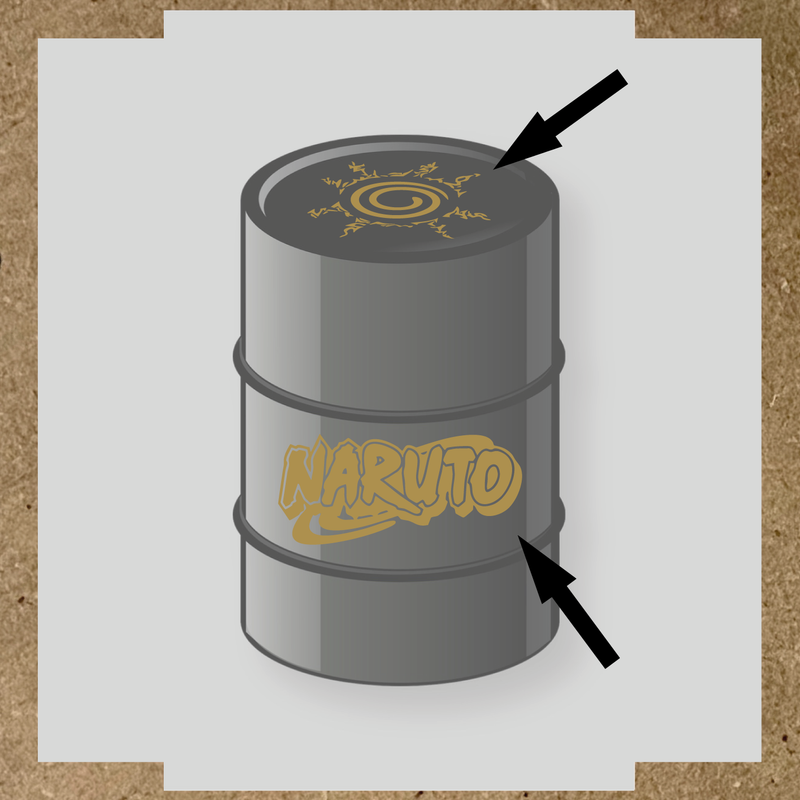 Kit de 2 stickers Naruto pour baril, représentant un logo et un symbole graphique sur un bidon noir. couleur:or