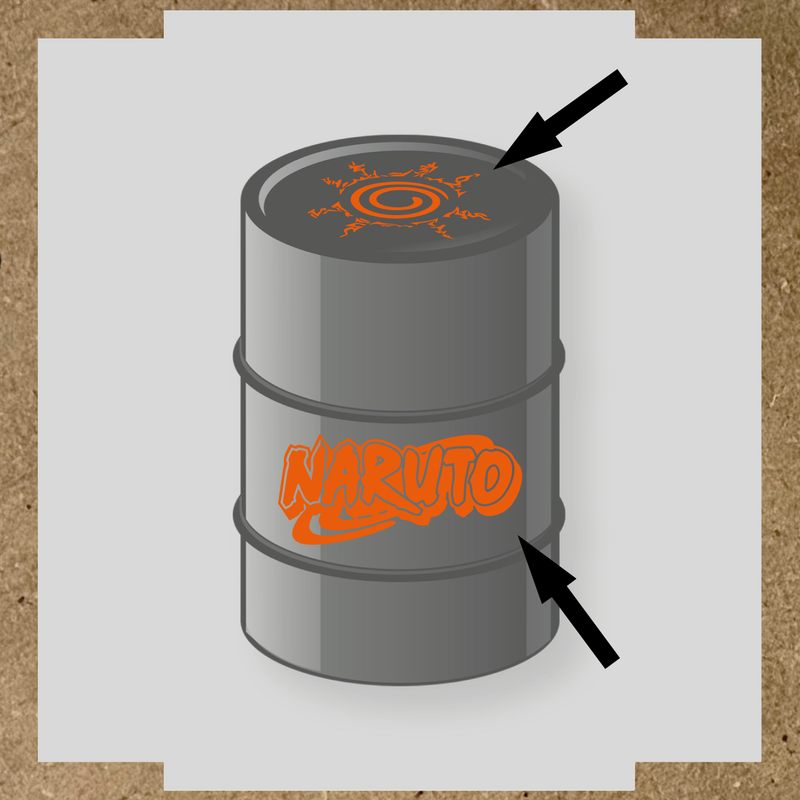 Kit de 2 stickers Naruto pour baril, représentant un logo et un symbole graphique sur un bidon noir. couleur:orange