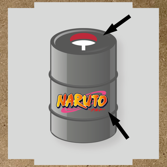 Kit de 2 stickers pour baril Naruto avec un logo coloré 'NARUTO' au centre, entouré de lignes roses, sur un baril noir.
