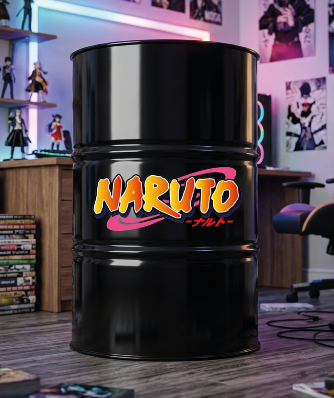 Baril décoratif avec kit de 2 stickers Kit de 2 stickers Naruto Uchiwa logo pour baril décoratif en situation réelle
