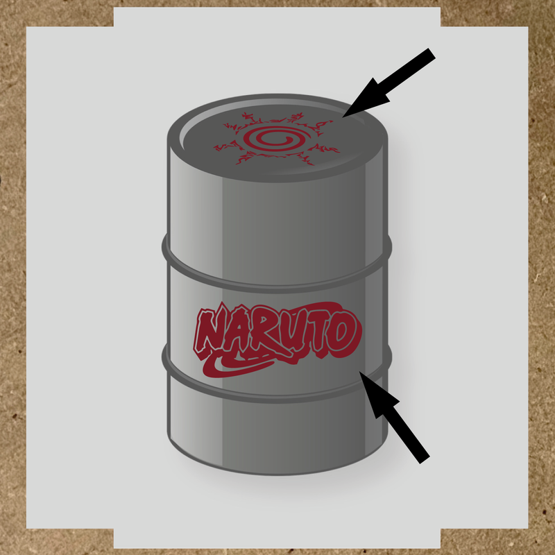 Kit de 2 stickers Naruto pour baril, représentant un logo et un symbole graphique sur un bidon noir. couleur:rouge bordeaux