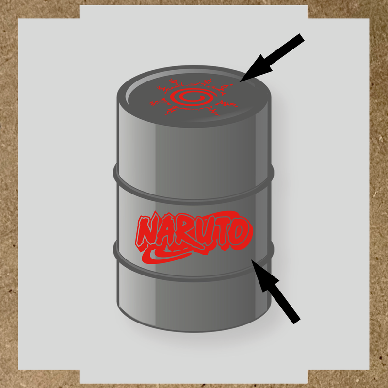 Kit de 2 stickers Naruto pour baril, représentant un logo et un symbole graphique sur un bidon noir. couleur:rouge vif