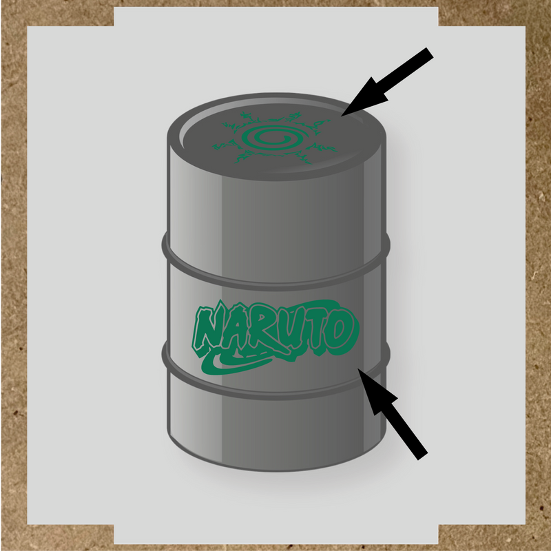 Kit de 2 stickers Naruto pour baril, représentant un logo et un symbole graphique sur un bidon noir. couleur:vert émeraude