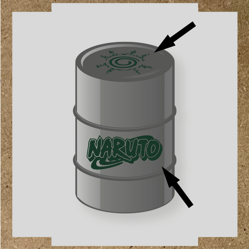 Kit de 2 stickers Naruto pour baril, représentant un logo et un symbole graphique sur un bidon noir. couleur:vert forêt