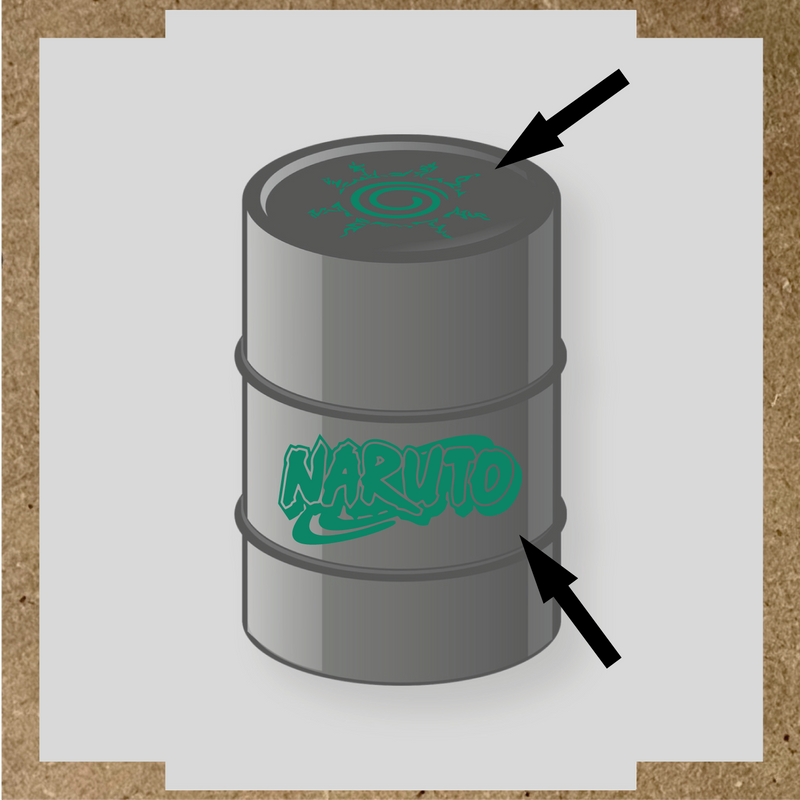 Kit de 2 stickers Naruto pour baril, représentant un logo et un symbole graphique sur un bidon noir. couleur:vert jade