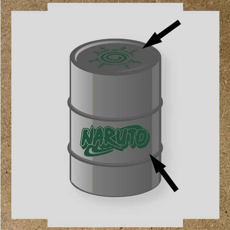 Kit de 2 stickers Naruto pour baril, représentant un logo et un symbole graphique sur un bidon noir. couleur:vert sapin