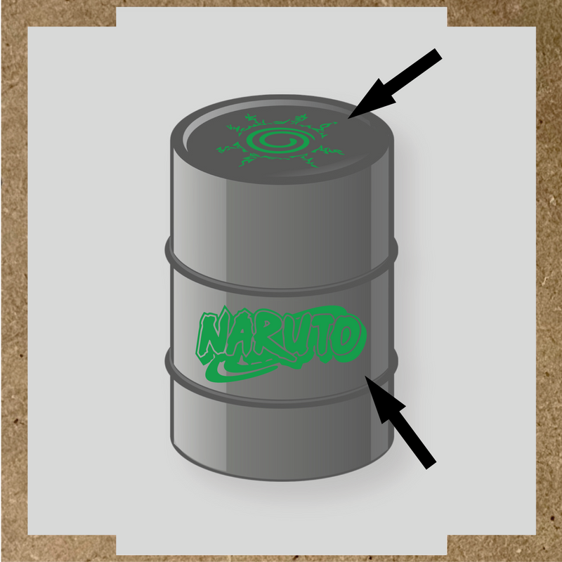 Kit de 2 stickers Naruto pour baril, représentant un logo et un symbole graphique sur un bidon noir. couleur:vert vif