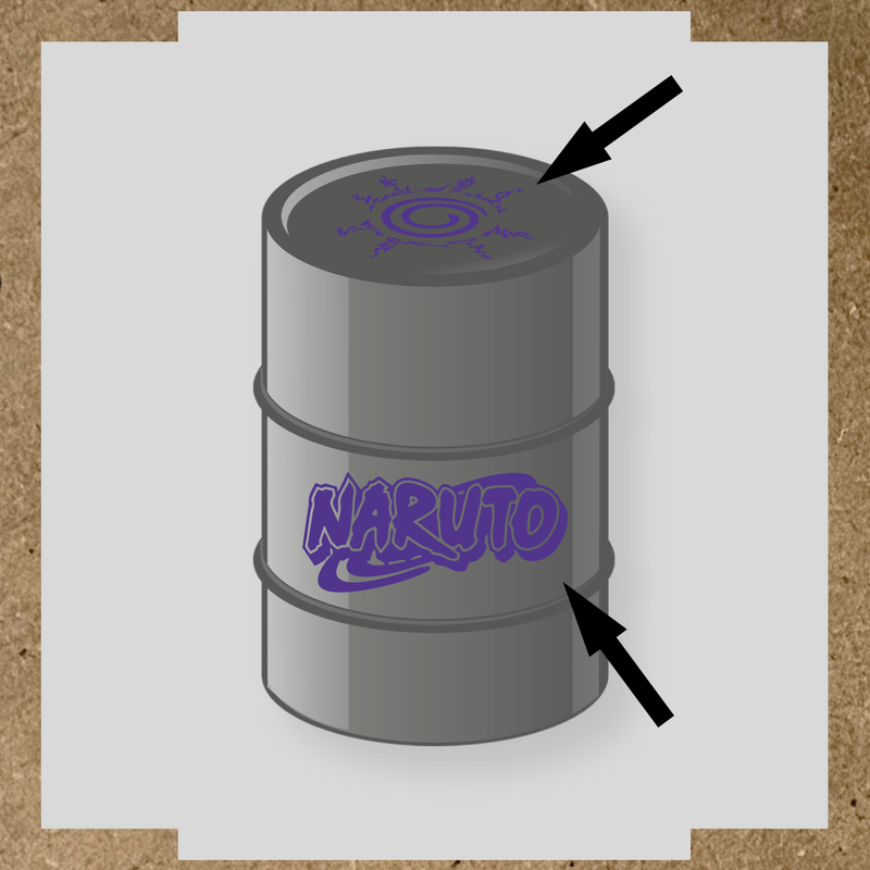 Kit de 2 stickers Naruto pour baril, représentant un logo et un symbole graphique sur un bidon noir. couleur:violet