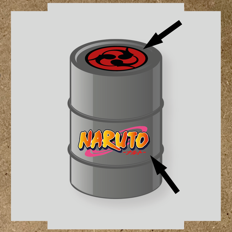 Kit de 2 stickers Naruto pour baril, incluant un logo et un motif en spirale rouge.