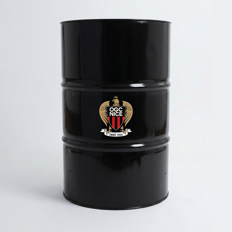 Vue du dessus d’un baril décoratif avec sticker supérieur OGC Nice
