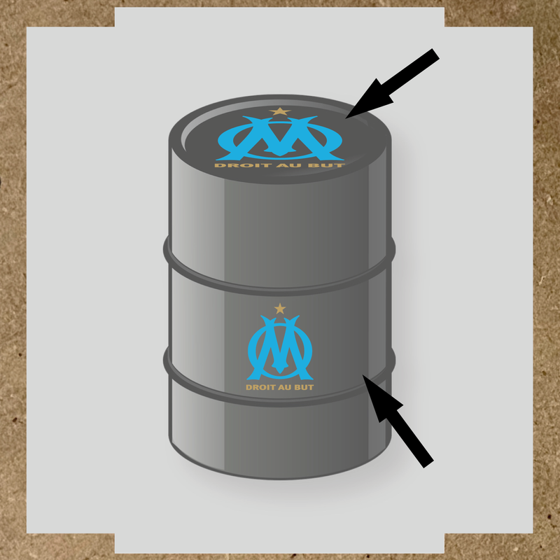 Kit de 2 stickers pour baril avec logo de l'Olympique de Marseille sur un fût