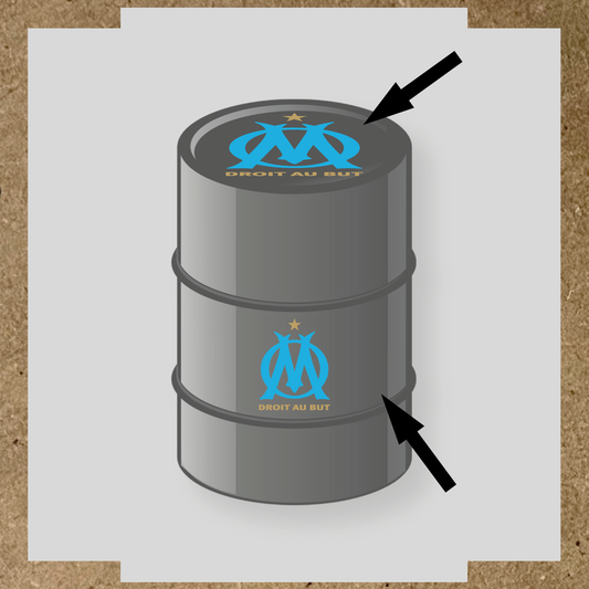 Kit de 2 stickers pour baril avec logo de l'Olympique de Marseille sur un fût