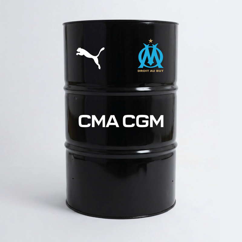Vue de face d’un baril décoratif avec kit de 4 stickers Olympique De Marseille 