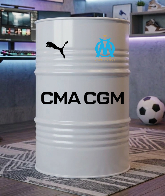 Baril décoratif avec stickers Olympique De Marseille et visuel secondaire Puma 