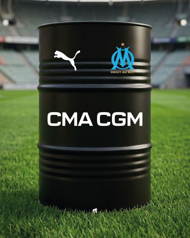 Mise en situation d’un baril décoratif avec kit de 4 stickers Olympique De Marseille 