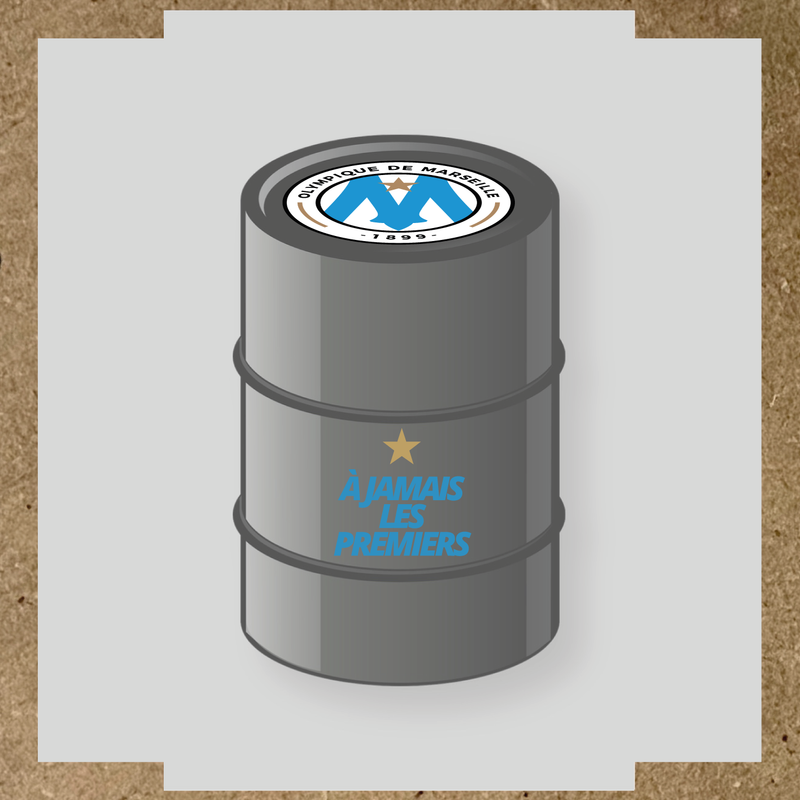 Kit de 2 stickers pour baril représentant le logo de l'Olympique de Marseille avec le texte 'À Jamais Les Premiers'.