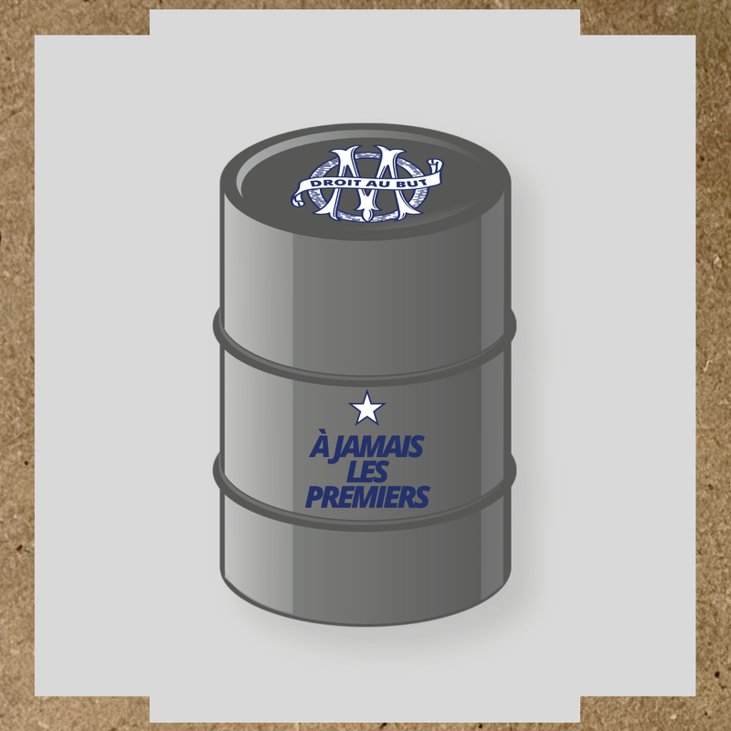 Kit de 2 stickers pour baril avec un logo en haut et le texte 'À JAMAIS LES PREMIERS' sur le corps.