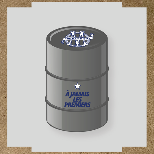 Kit de 2 stickers pour baril avec un logo en haut et le texte 'À JAMAIS LES PREMIERS' sur le corps.