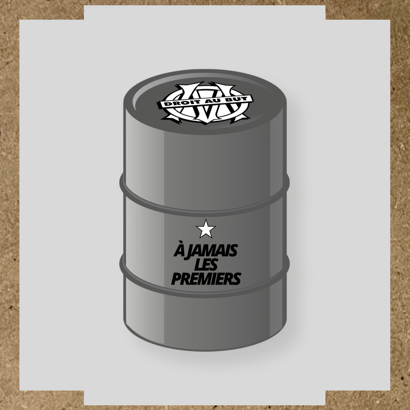 Kit de 2 stickers vinyle pour personnaliser un baril gris avec logo et texte noir.