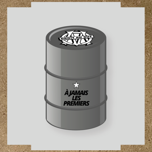 Kit de 2 stickers vinyle pour personnaliser un baril gris avec logo et texte noir.
