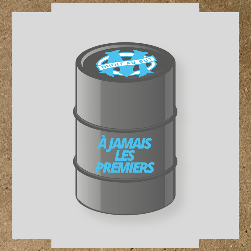 Kit de 2 stickers pour baril gris avec un logo bleu et le texte 'À JAMAIS LES PREMIERS'