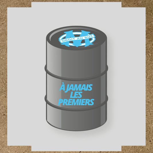 Kit de 2 stickers pour baril gris avec un logo bleu et le texte 'À JAMAIS LES PREMIERS'