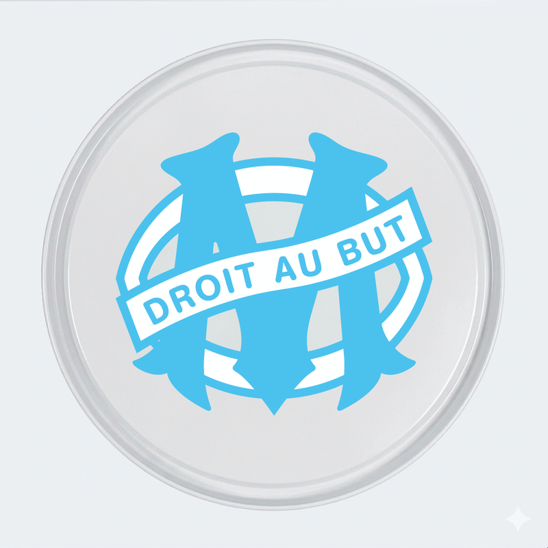 Vue de face d’un baril décoratif avec sticker inférieur Olympique de Marseille 1986