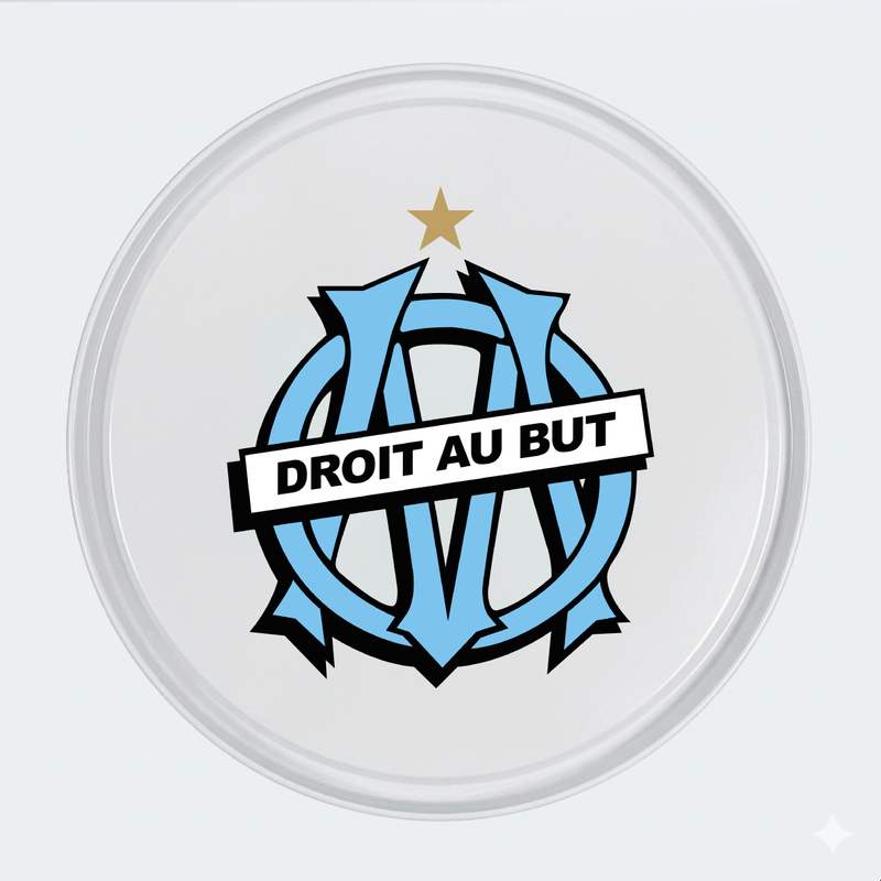 Vue de face d’un baril décoratif avec sticker inférieur OM 1996