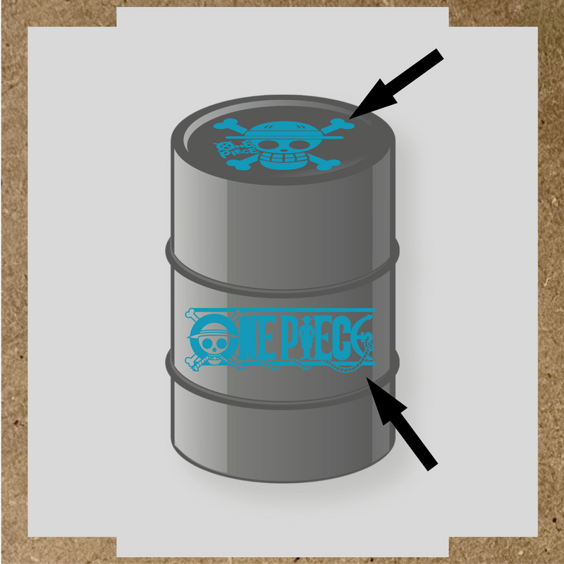 Kit de 2 stickers pour baril représentant un tonneau avec un logo de crâne et des os croisés, et le texte 'ONE PIECE' sur le côté. couleur:bleu azur