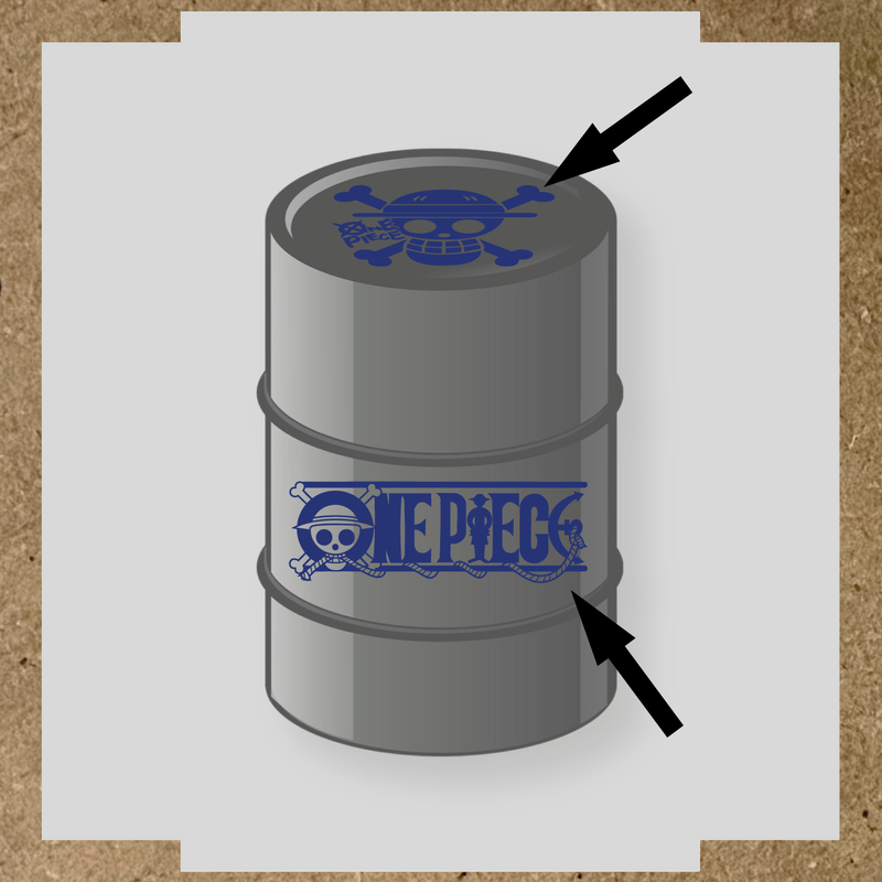 Kit de 2 stickers pour baril représentant un tonneau avec un logo de crâne et des os croisés, et le texte 'ONE PIECE' sur le côté. couleur:bleu indigo