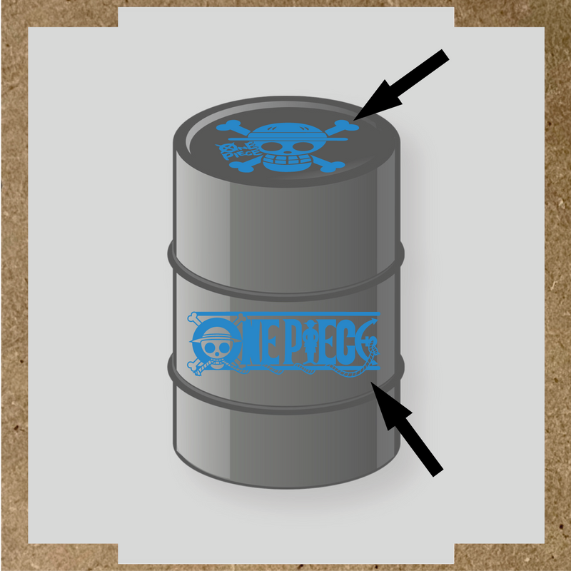 Kit de 2 stickers pour baril représentant un tonneau avec un logo de crâne et des os croisés, et le texte 'ONE PIECE' sur le côté. couleur:bleu lagon