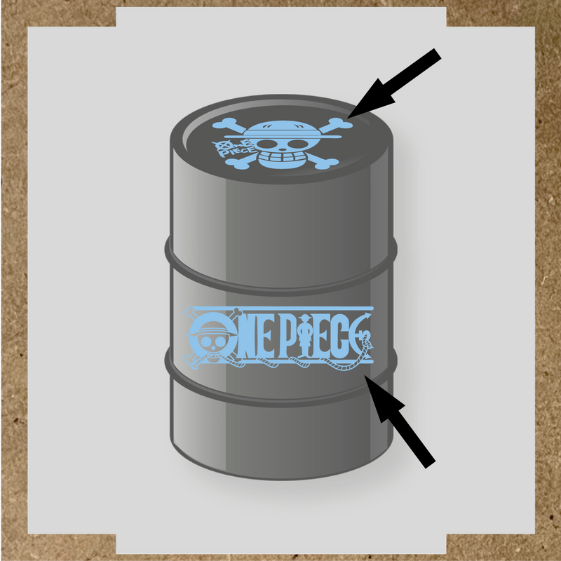 Kit de 2 stickers pour baril représentant un tonneau avec un logo de crâne et des os croisés, et le texte 'ONE PIECE' sur le côté. couleur:bleu pastel