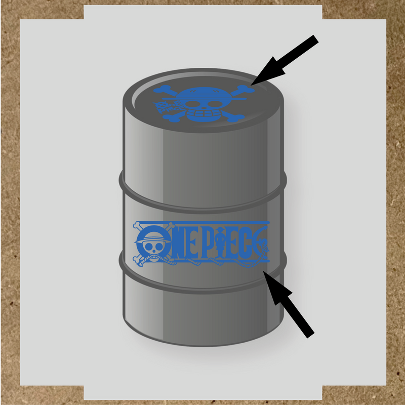 Kit de 2 stickers pour baril représentant un tonneau avec un logo de crâne et des os croisés, et le texte 'ONE PIECE' sur le côté. couleur:bleu pétrole