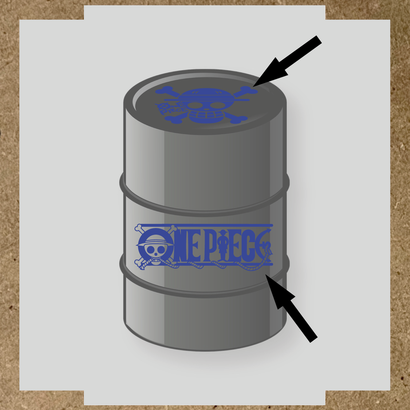 Kit de 2 stickers pour baril représentant un tonneau avec un logo de crâne et des os croisés, et le texte 'ONE PIECE' sur le côté. couleur:bleu roi