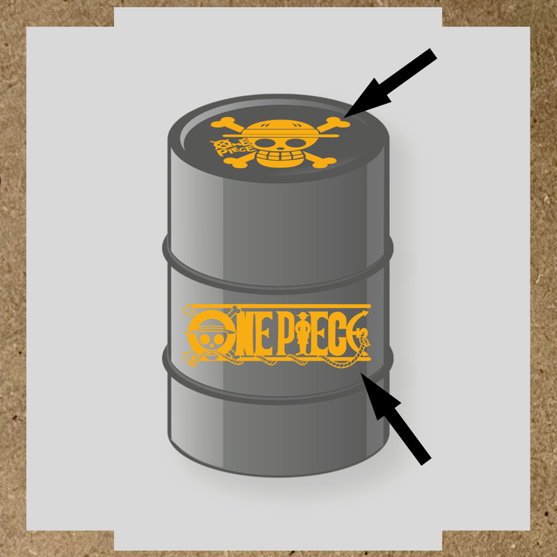 Kit de 2 stickers pour baril représentant un tonneau avec un logo de crâne et des os croisés, et le texte 'ONE PIECE' sur le côté. couleur:jaune foncé